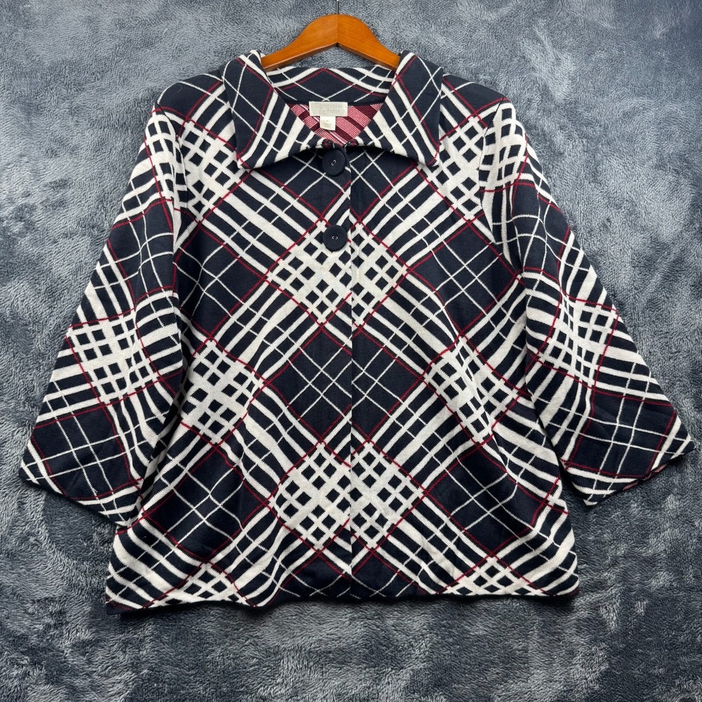 Christopher & Banks Plaid Cardigan Jacket Button Up Black White Red Knit Size XL